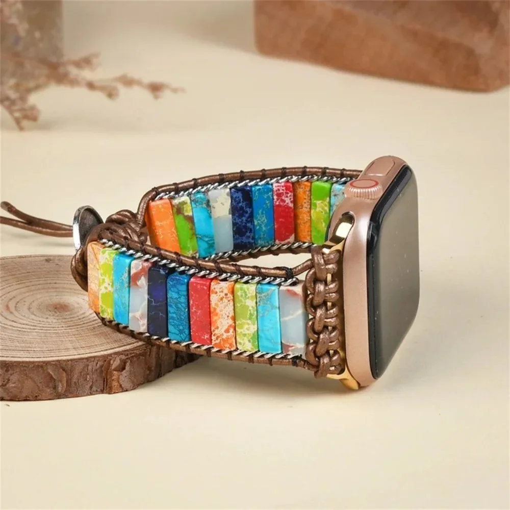7 Chakra Gemstone Leather Watch Band Strap for Apple Watch 8 7 6 5 / 38 40 41 mm